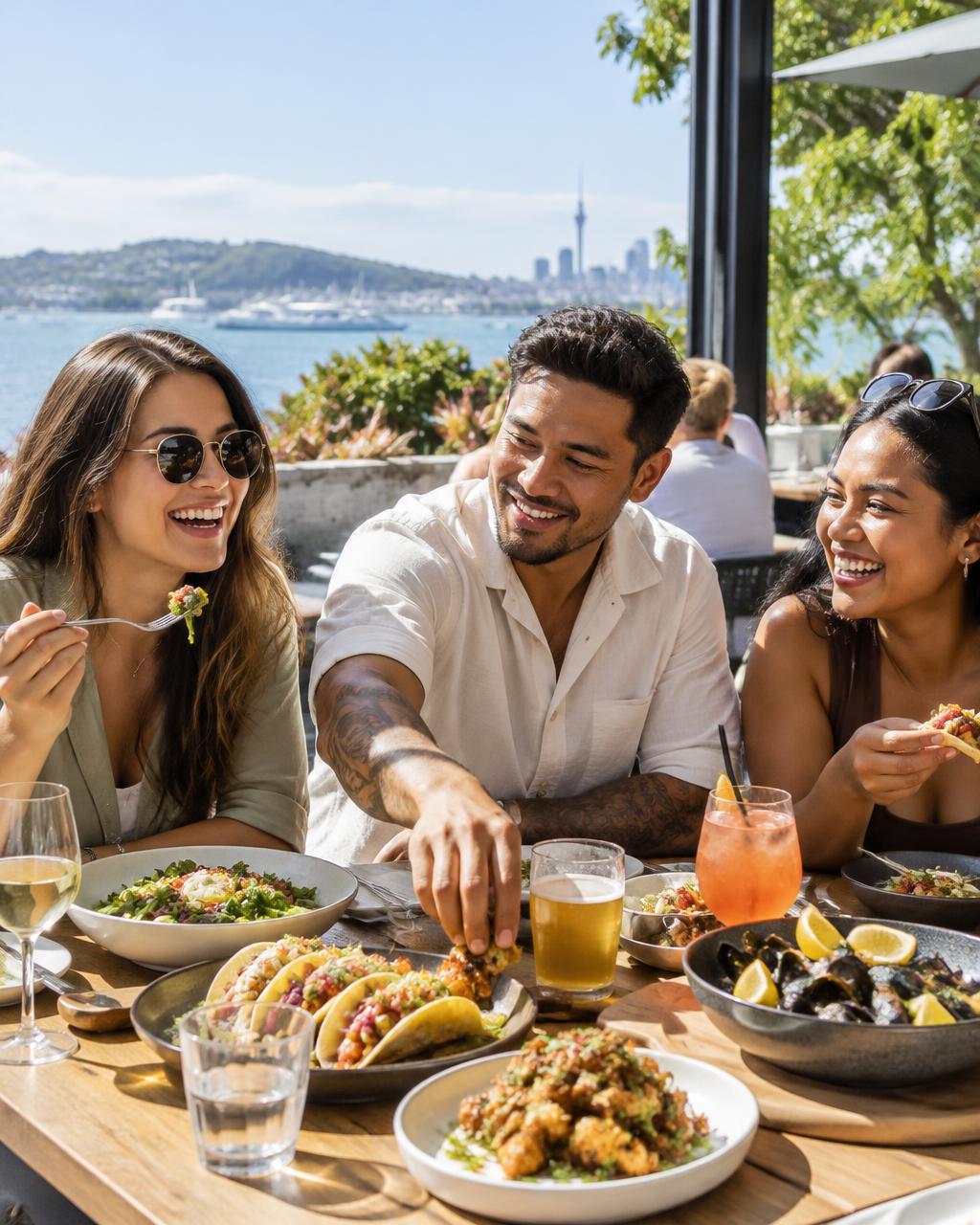 friends sharing dishes at a sunny waterfront restaurant